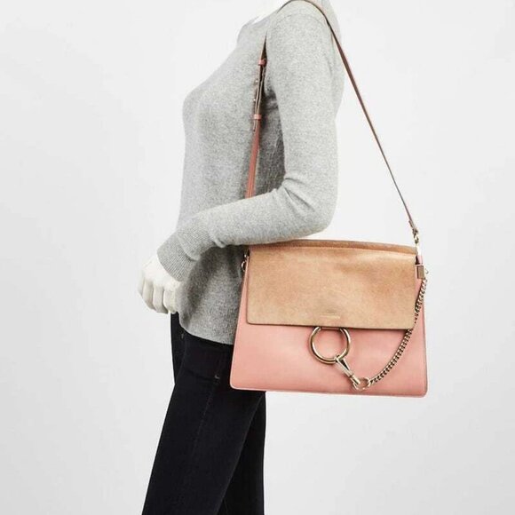 Chloe Pink/Brown Leather and Suede Faye Medium Shoulder Bag - Picture 2 of 10